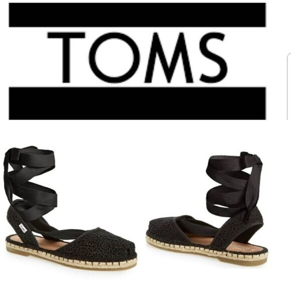 TOMS BELLA Womens Black CROCHET LACE UP ESPADRILLE SANDALS SHOES Size 6.5 - Picture 1 of 10